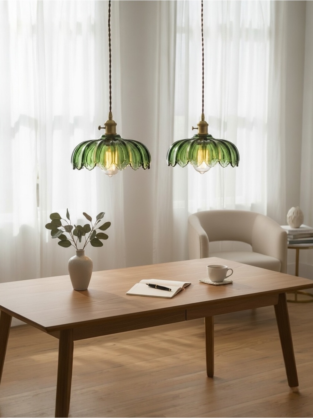 NEW West Elm Vintage Green Retro Glass Hanging Gold Floral Pendant Light Fixture - Picture 6 of 12